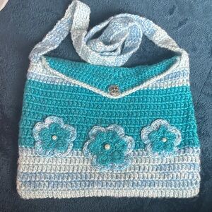 Handcrafted Teal and White Crochet Shoulder Bag